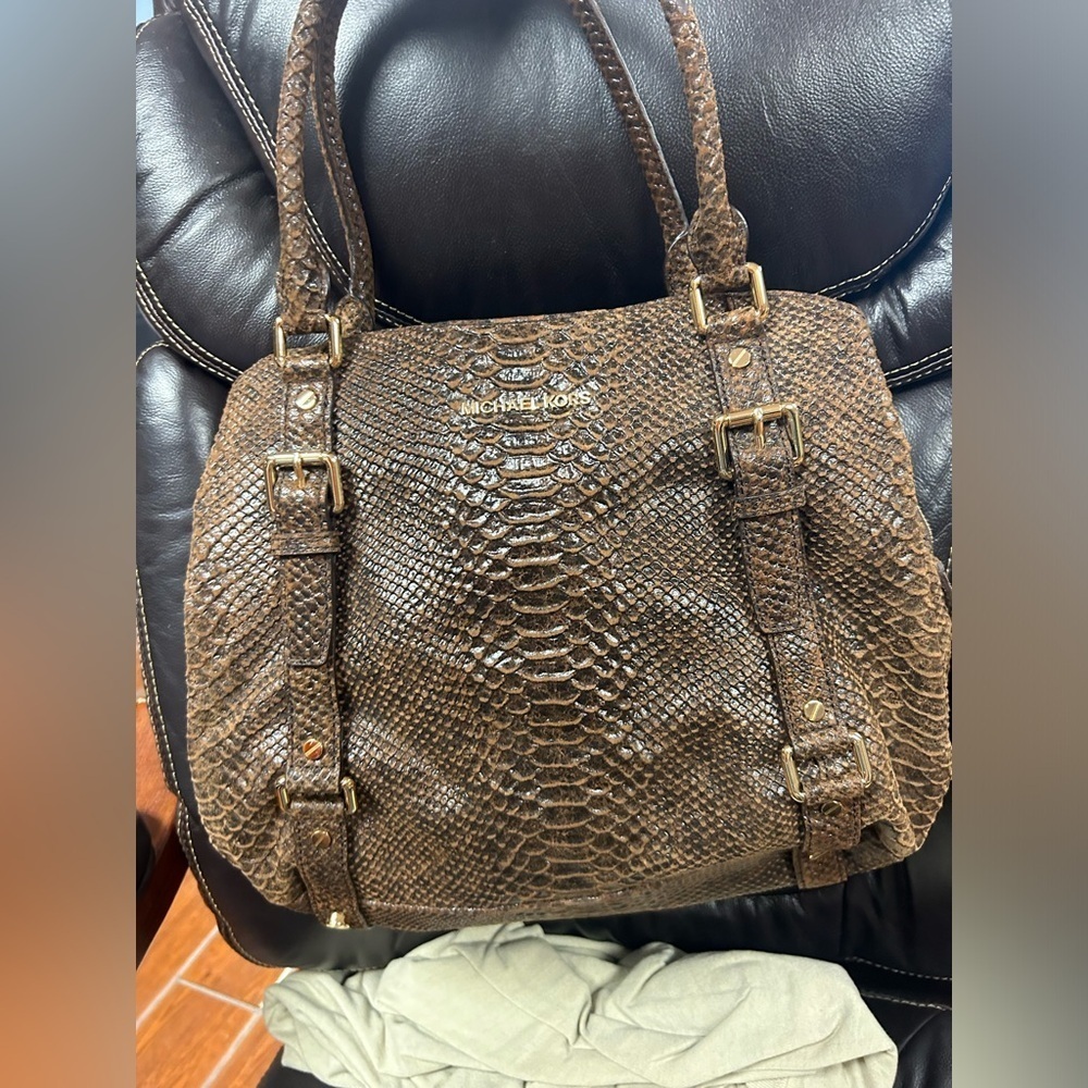 Michael Kors brown leather snake design large shoulder bag